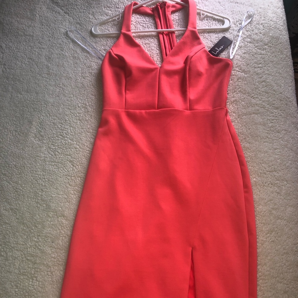AGLOW NEON CORAL BODYCON MIDI DRESS